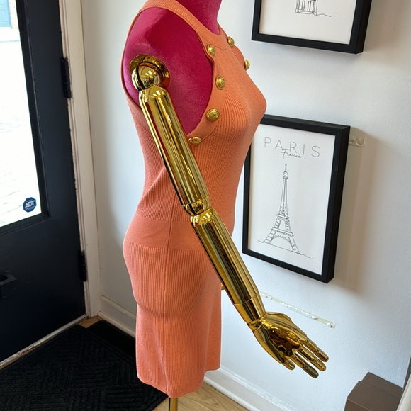 Balmain Gold Button Embellished Coral Knit Mini Dress Size 36 - Picture 4 of 13